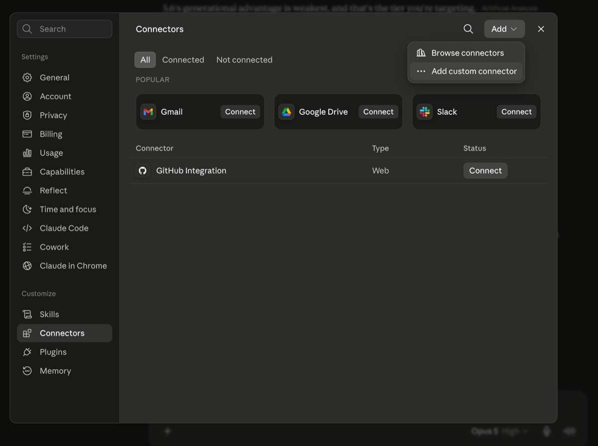Claude's Connectors settings page with the Add menu open, showing the Add custom connector option.