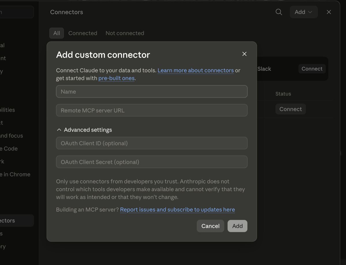 The Add custom connector dialog with Name and Remote MCP server URL fields, and empty optional OAuth fields under Advanced settings.