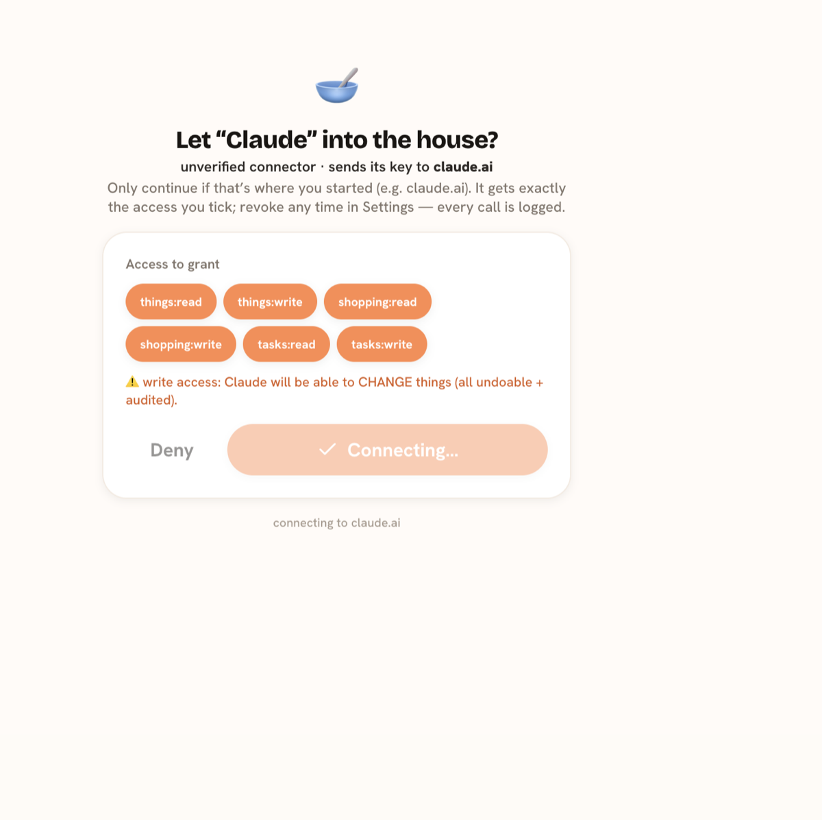 House Brownie's consent screen: Let Claude into the house? with six permission chips and a warning that write access lets Claude change things.