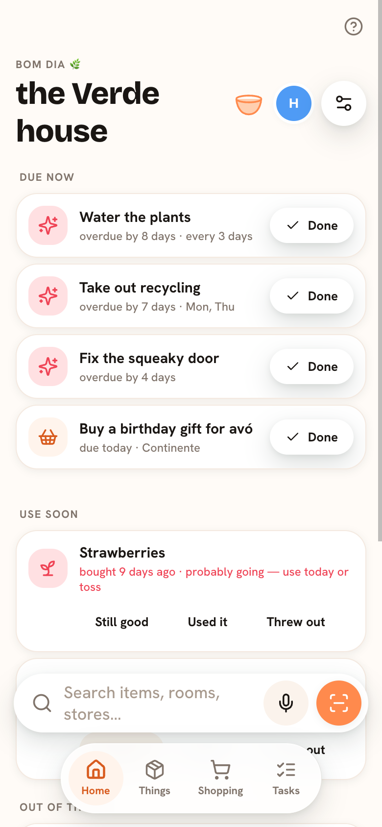 The House Brownie home screen: what's due, what's running low, and what to use soon.