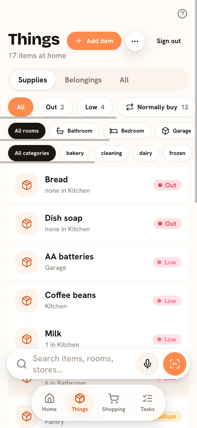 The Things tab: every supply at home with its status β Full, Med, Low, or Out.
